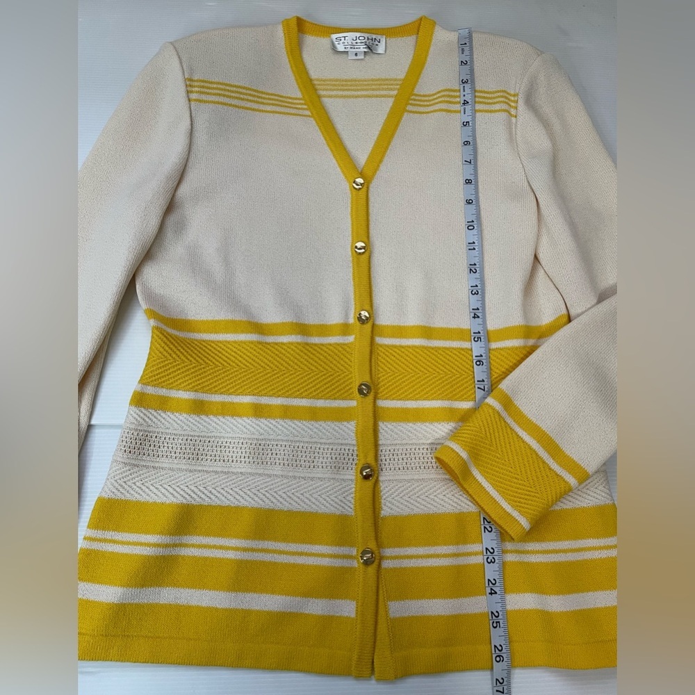 St John Santana Knit Cardigan Gold Tone Buttons Yellow Cream Stripe Size 6 - Picture 4 of 11